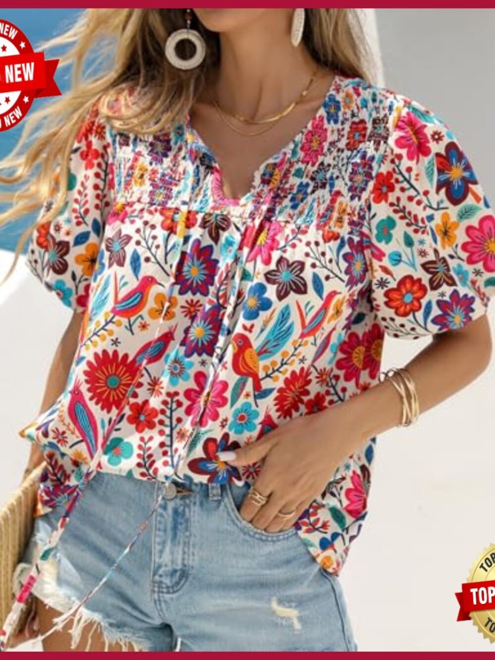 Floral V-Neck Blouse Drawstring Short Sleeve Boho Top Summer Casual - Picture 2 of 7